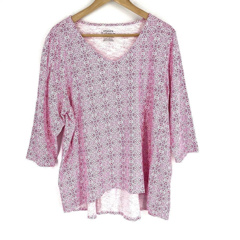 Chicos T Shirt Size 3 Womens XL Pink Medallion Tiles Ultimate Tee Print Top Knit